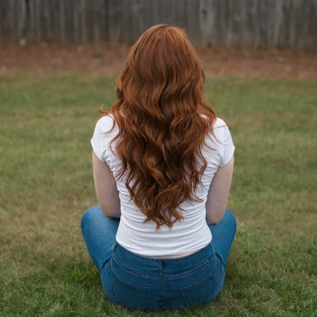 Prompt: woman sitting on the ground facing away from camera, wavy auburn hair that reaches the middle of her back, 