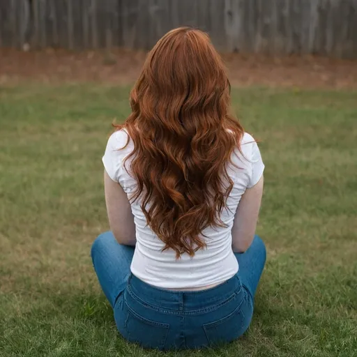 Prompt: woman sitting on the ground facing away from camera, wavy auburn hair that reaches the middle of her back, 