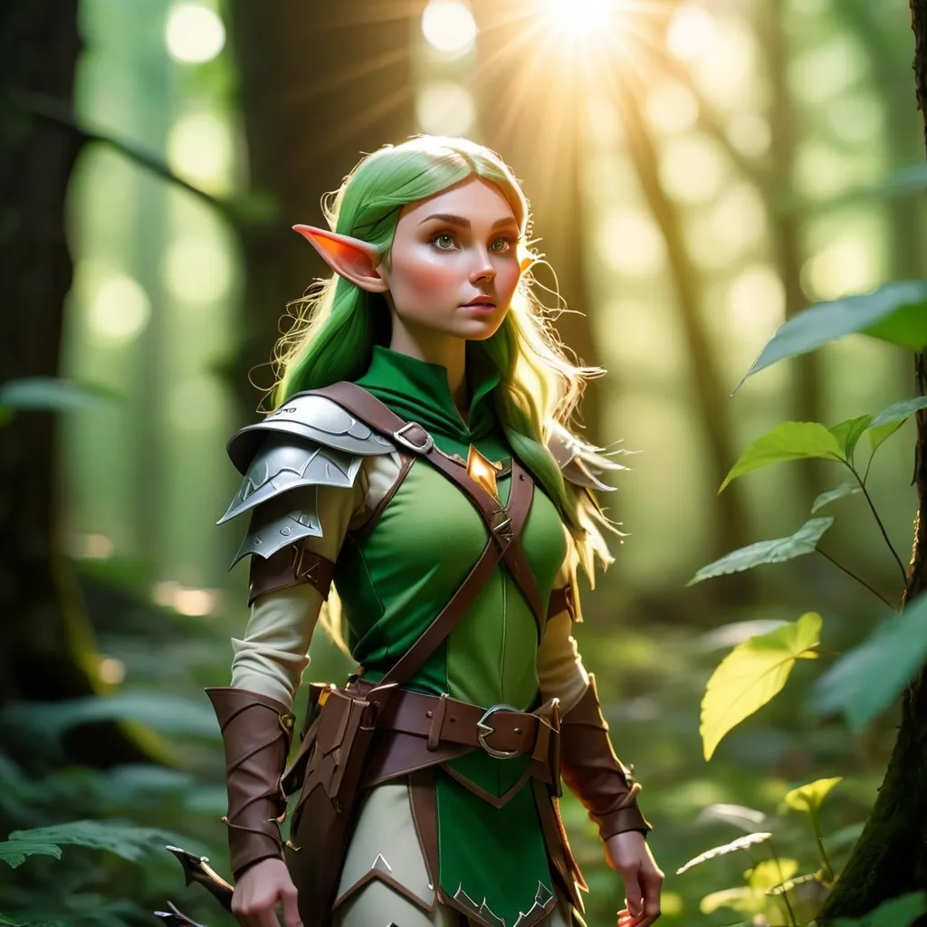 Prompt: Elf ranger in a mystical forest around sunlight
