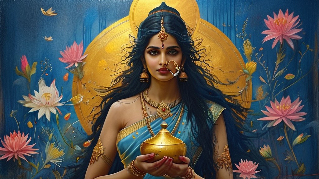 Prompt: a painting of a woman holding a gold item in her hand and a blue background with flowers on it, goddess lakshmi, fantasy art, divine, a detailed painting