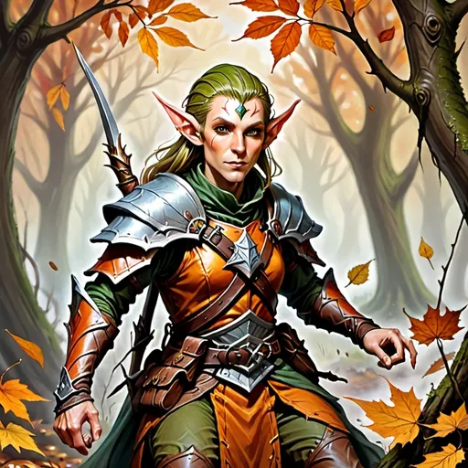 Prompt: A fighter battlemaster wood elf of the Feylost with an autumn theme