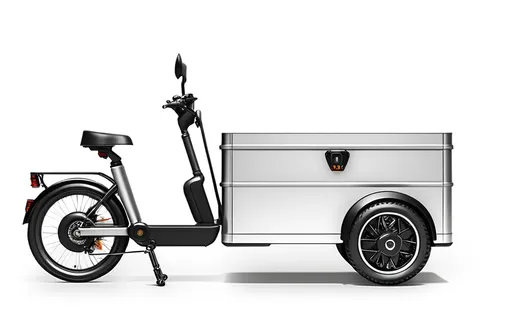 Prompt: cargo 3 wheels vehicle front load box. backside scooter single seat hub motor. electric. glossy metallic finish, dynamic and sleek design, high quality, dynamic design. change back wheel to scooter back wheel