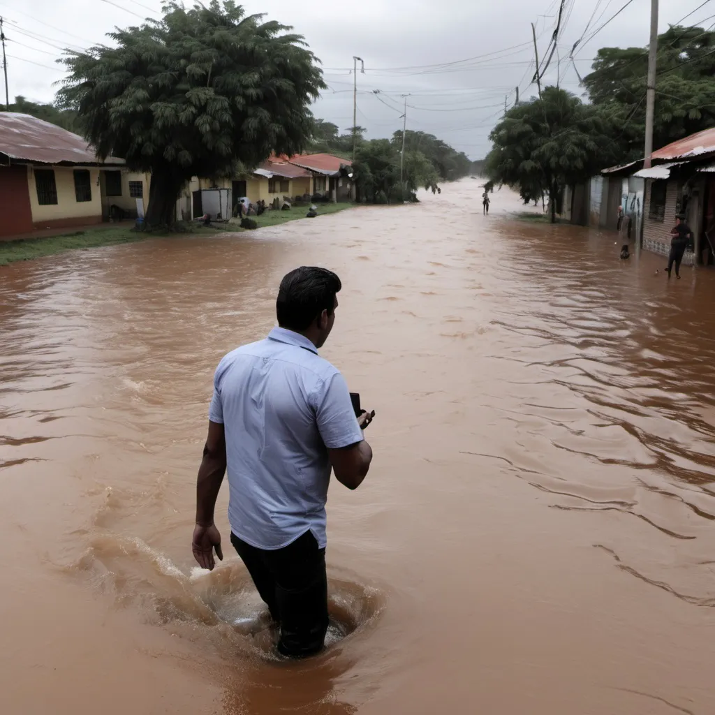 Prompt: Una imagen de un reportero en una zona inundada y que el medio de comunicacion se llame kachimba