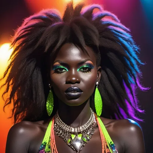 Prompt: south sudanese glam metal woman, nudist, 80s, rock, glam rock, hair metal, 80s photography