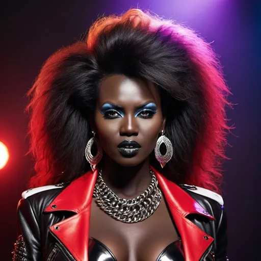 Prompt: (photoshoot style 80s photography), luxury vibe, south sudanese glam metal woman, full body pose, heavy metal influences, hard rock aesthetic, nudist and daring, vibrant colors with dramatic contrasts, glam rock glamour, big hair showcasing the 80s style, rebellious attitude, striking makeup emphasizing the glam metal theme, ultra-detailed HD quality, strong, confident presence, embodying the spirit of rock and metal.