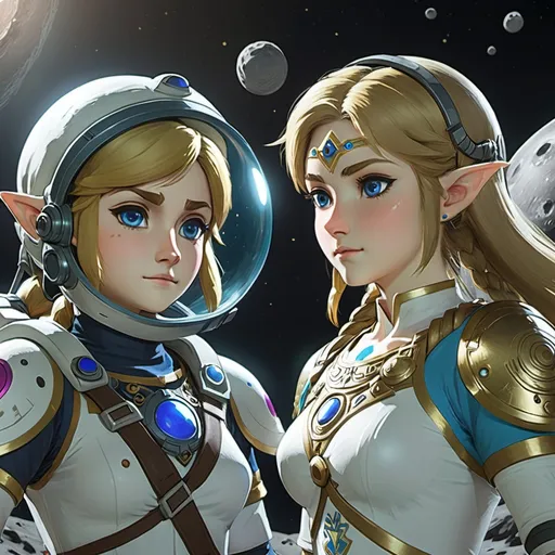 Prompt: a close up of princess Zelda and Link as depicted on Breath of the Wild but wearing space suits with helmets on the surface of the moon