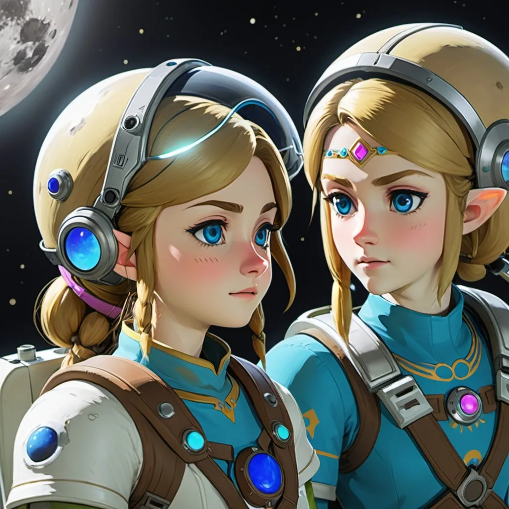 Prompt: a close up of Link and princess Zelda as depicted on Breath of the Wild but wearing space suits with helmets on the surface of the moon