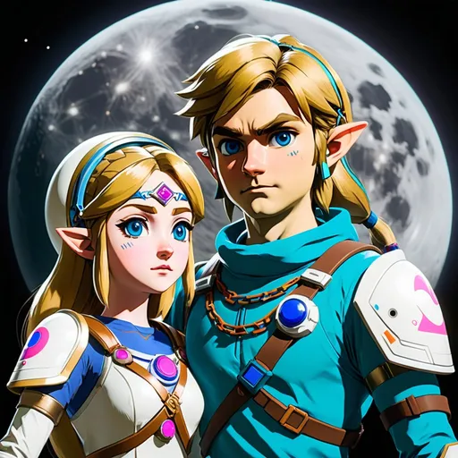 Prompt: a close up of Link and princess Zelda as depicted on Breath of the Wild but wearing space suits with helmets on the surface of the moon