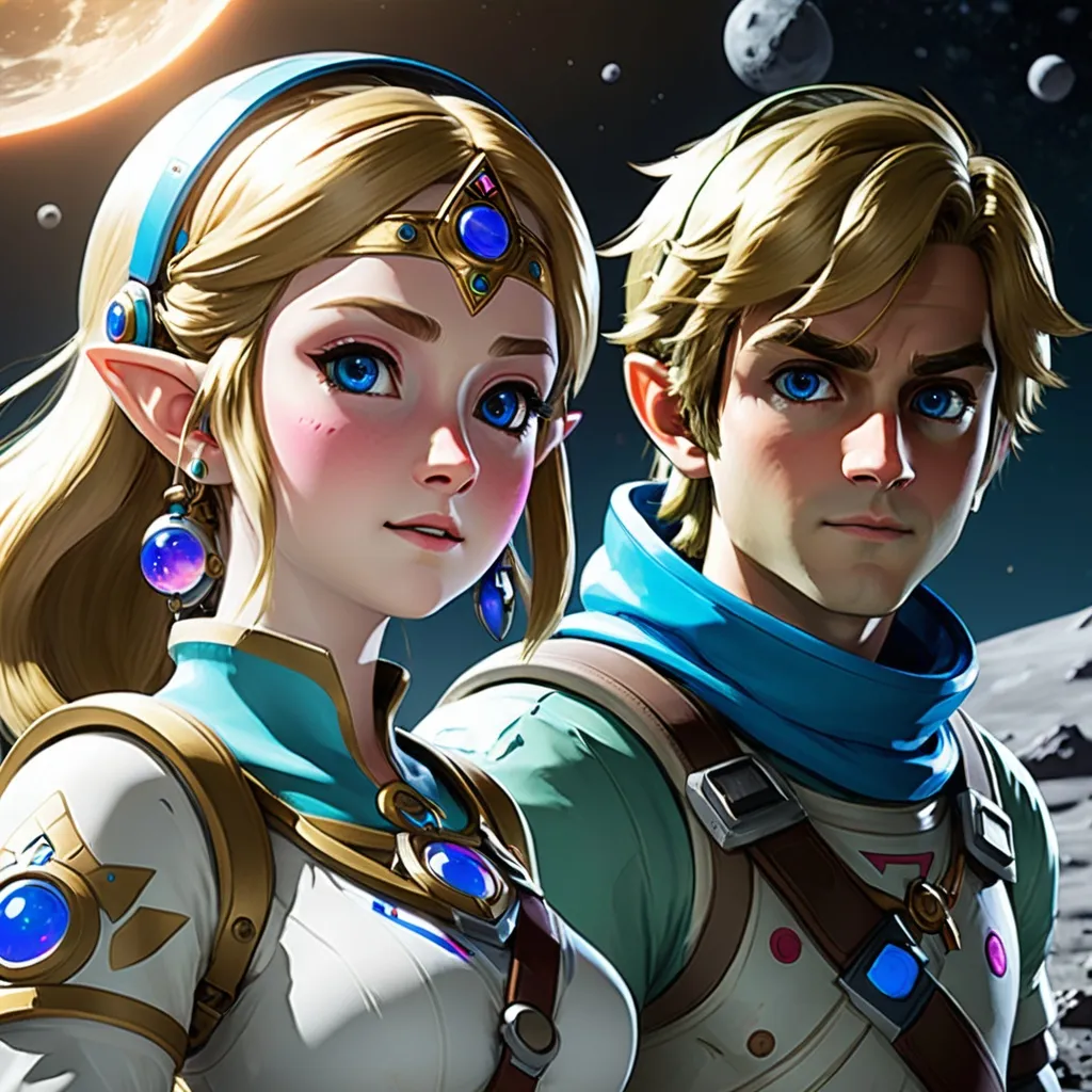 Prompt: a close up of princess Zelda and Link as depicted on Breath of the Wild but wearing space suits on the surface of the moon