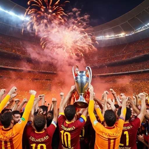 Prompt: Galatasaray celebrates Champions League victory, vibrant stadium atmosphere, triumphant players lifting the trophy, confetti and fireworks, high energy passion, intense emotions, stadium filled with cheering fans, victorious players, epic celebration, high energy, vibrant colors, celebratory fireworks, dramatic lighting, ultra-detailed, professional, dynamic composition, intense emotions, electric atmosphere, best quality, vibrant colors, triumphant moment, football celebration