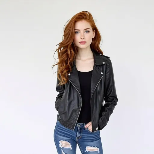 Prompt: a young woman about 15 years in age with red hair and blue eyes wearing a Lether jacket and ripped jeans 