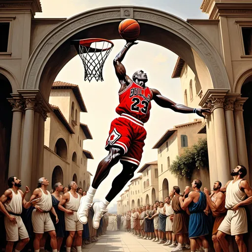 Prompt: create an Image of Micheal Jordan In a da Vinci style painting dunking a basketball wearing a toga on under an arch  with people watching