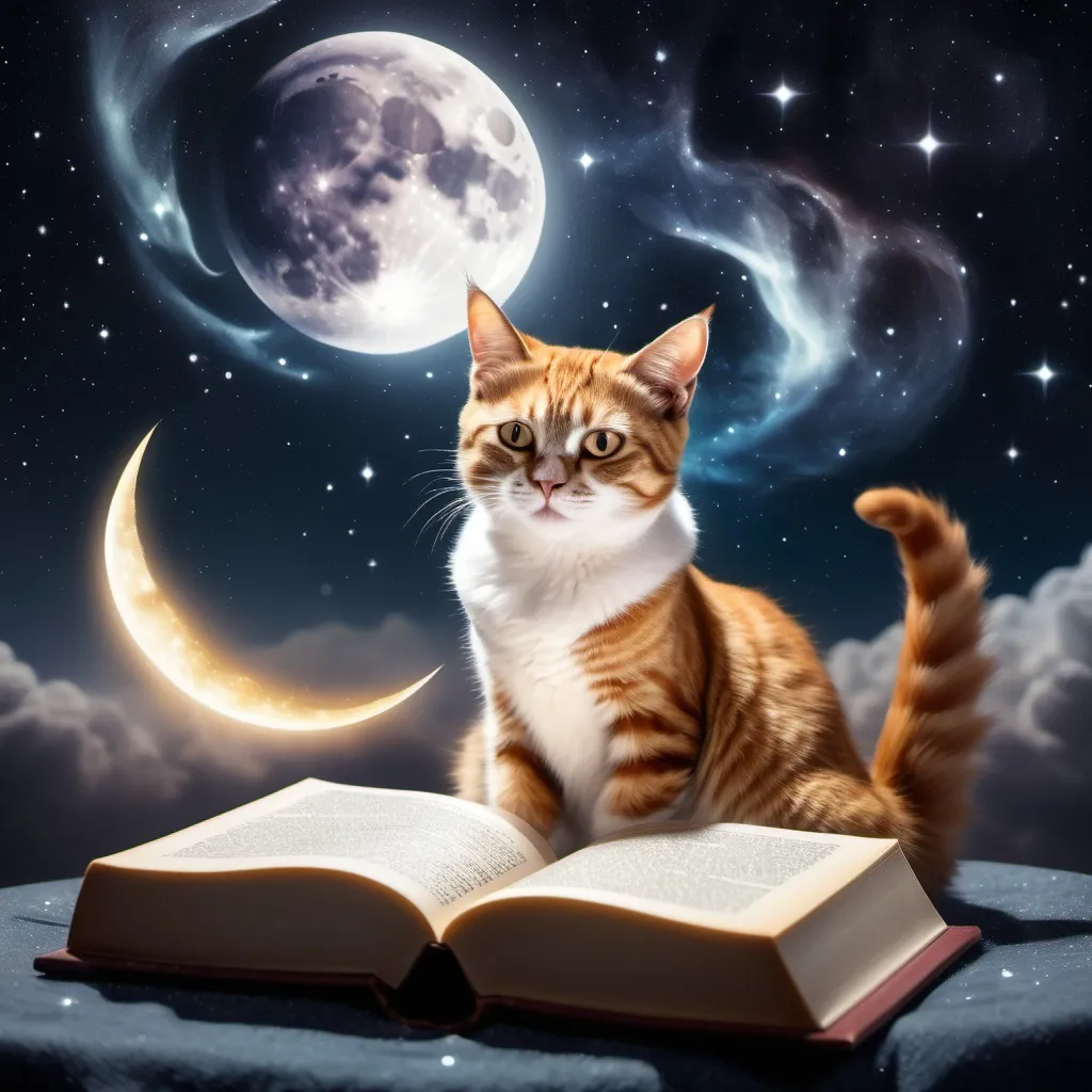 Prompt: a cat reading a book over a chesse in the moon with a galaxy behind shinning
