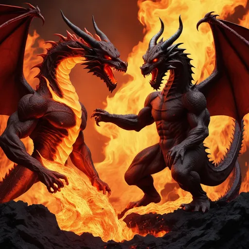 Prompt: The devil fighting a dragon with flames, lava, hatred, resentment, fire, destruction