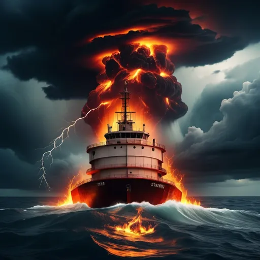 Prompt: A buildin in the middle of the ocean with fire and flames electrical storm