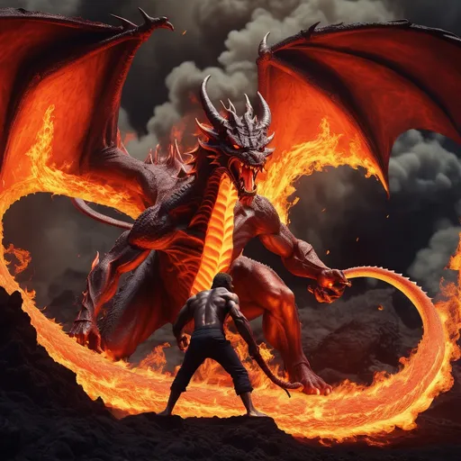 Prompt: The devil fighting a dragon with flames, lava, hatred, resentment, fire, destruction