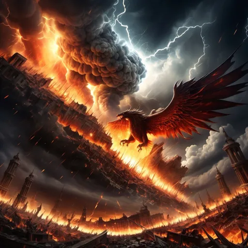 Prompt: a global battle with a storm, fire , hell , heaven , flames , bullets , magic , fantasy , destruccion ,broken sky 
