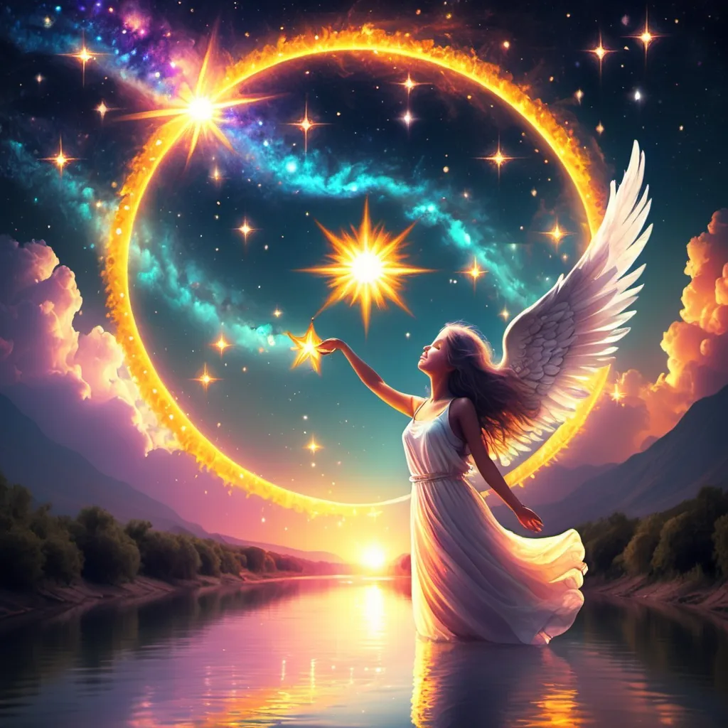 Prompt: Sun love girls river galaxy hope god angels shine stars colors 