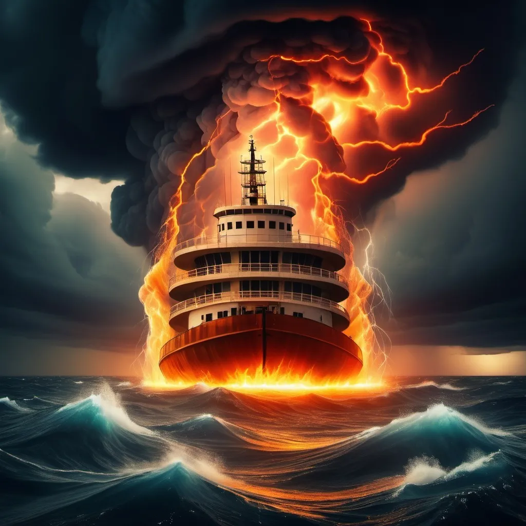 Prompt: A buildin in the middle of the ocean with fire and flames electrical storm