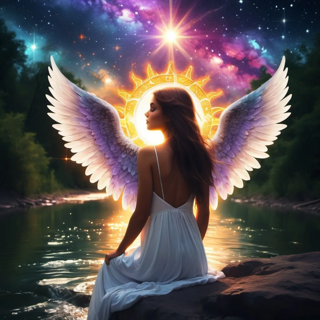 Prompt: Sun love girls river galaxy hope god angels shine stars colors 