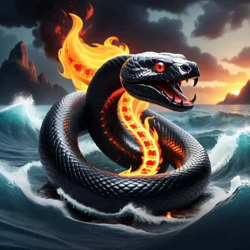 Prompt: a big black snake with fire and flames all around in the ocean with horns and magic in the background