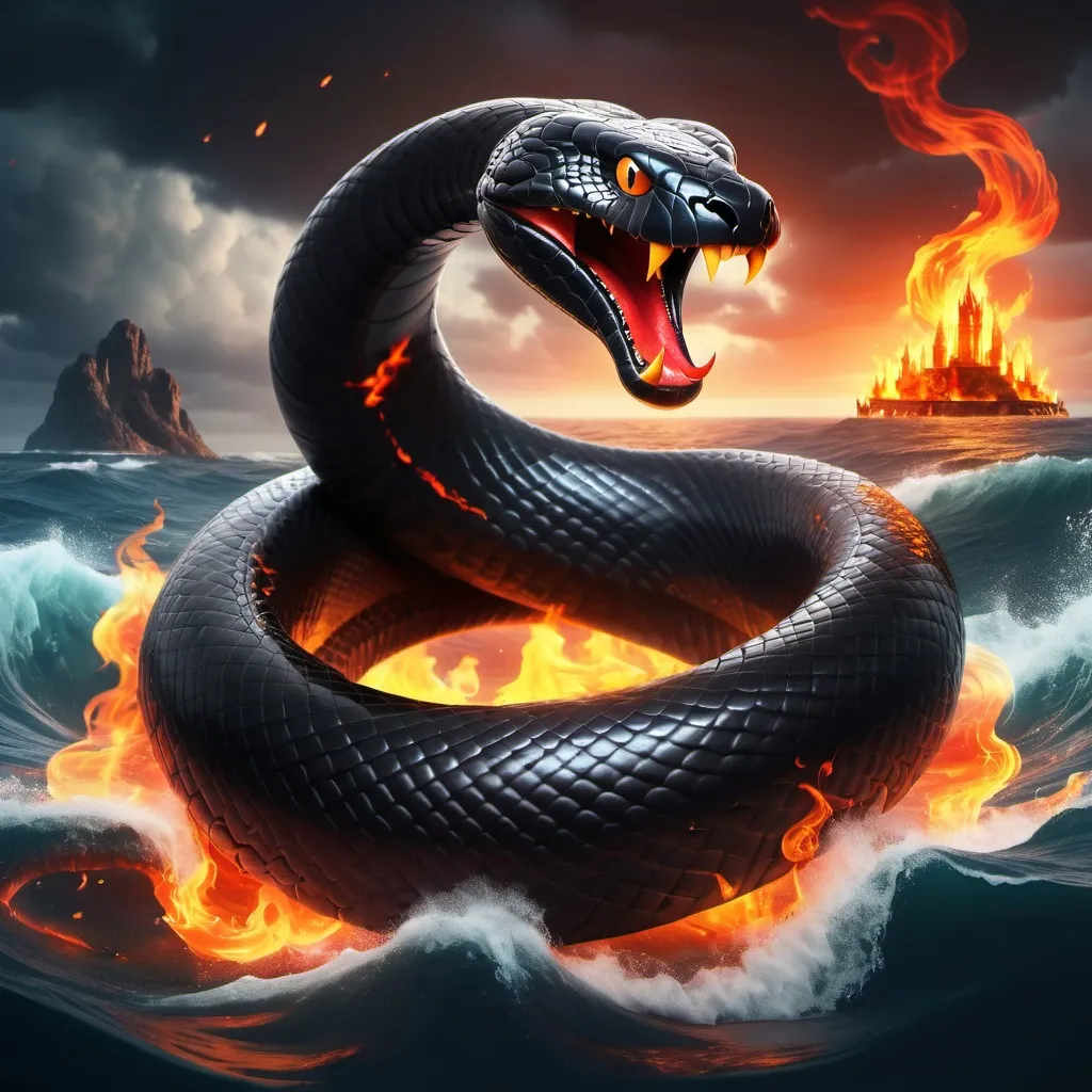 Prompt: a big black snake with fire and flames all around in the ocean with horns and magic in the background