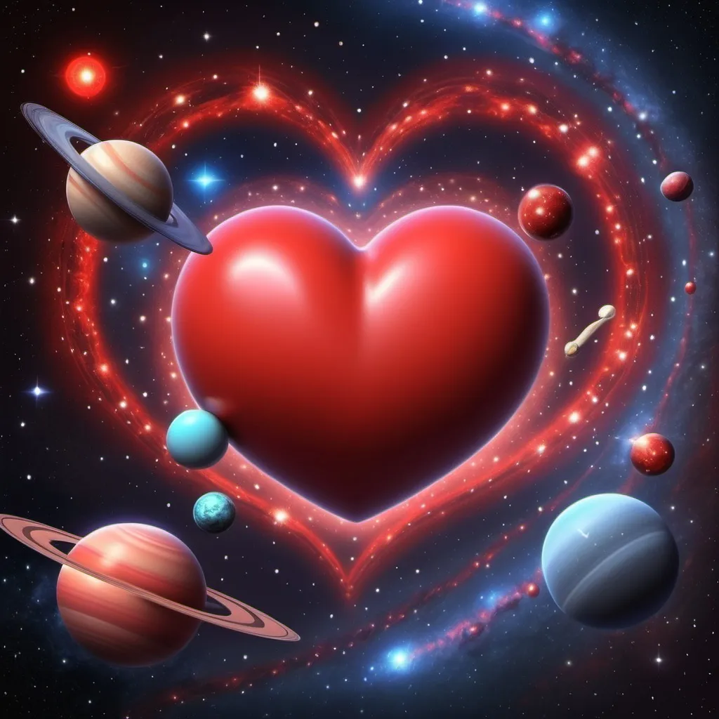 Prompt: a big red heart in the middle of the galaxy with planets around shining and spiting stars 