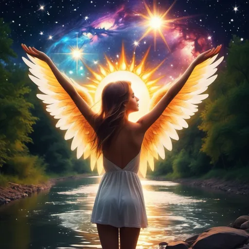 Prompt: Sun love girls river galaxy hope god angels shine stars colors 