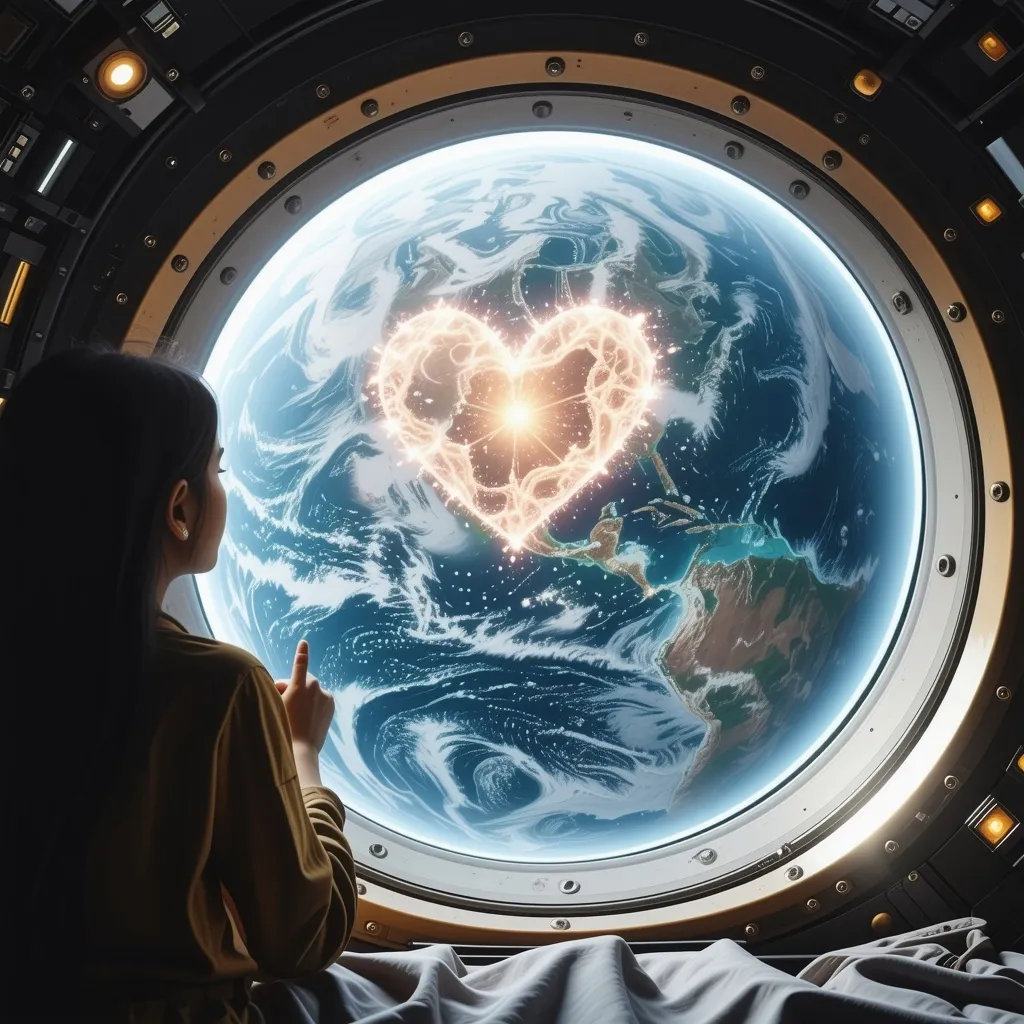 Prompt: a girl from india in her spaceship watching a heart in the middle of the earth from space 