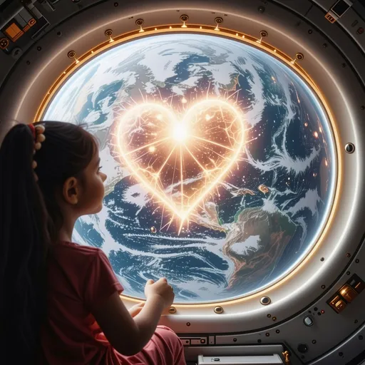 Prompt: a girl from india in her spaceship watching a heart in the middle of the earth from space 