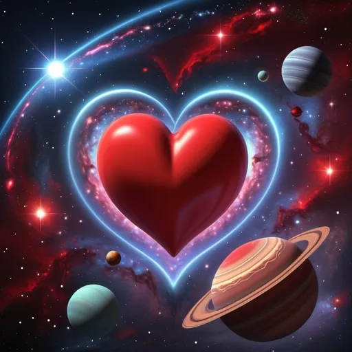 Prompt: a big red heart in the middle of the galaxy with planets around shining and spiting stars 