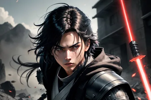Prompt: Young Anime male with dark hair, wearing Jedi Robes, wielding one lightsaber, HD, detailed facial features, intense battle scene, sci-fi fantasy, vibrant lightsaber glow, dynamic action pose, detailed armor design, epic  effects, professional rendering, immersive atmosphere, intense gaze, war-zone environment, dynamic composition, vibrant colors, advanced technology, detailed hair design, atmospheric lighting,