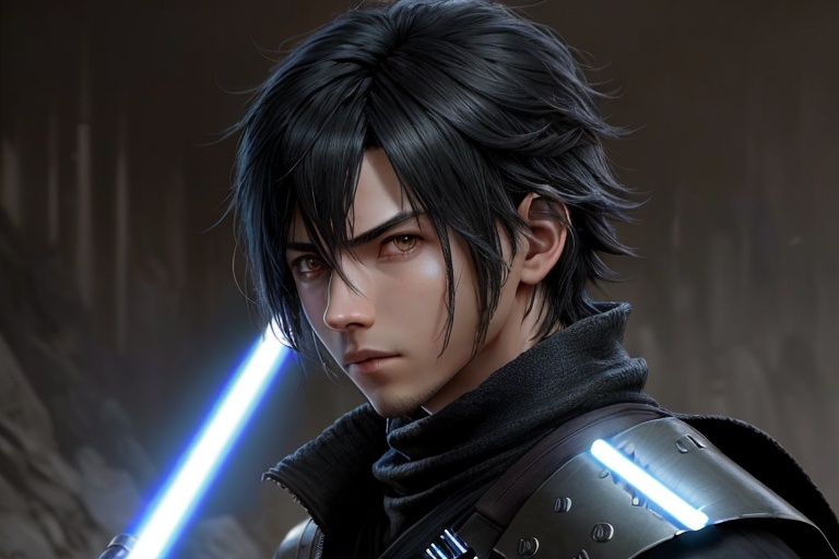 Prompt: Young Noctis hairstyle, wearing Jedi battle armor, Dark hair,  dueling, with a Lightsaber from Star Wars, HD