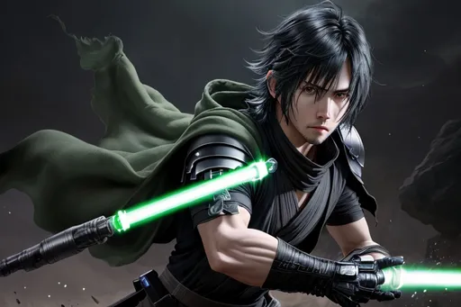 Prompt: Noctis hairstyle, wearing jedi battle armor, dark hair, green lightsaber from Star Wars