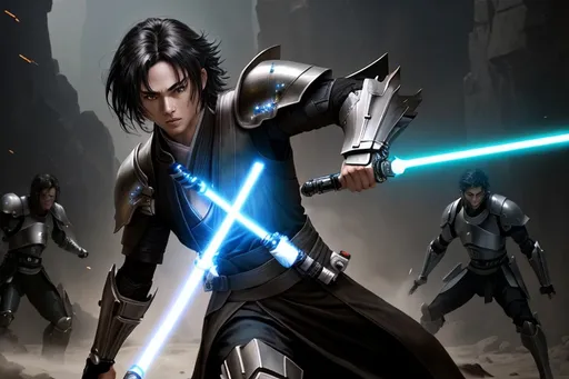 Prompt:  Anime male, dark hair, Jedi battle armor, wielding a one-handed lightsaber, HD, detailed facial features, intense battle scene, sci-fi fantasy, vibrant lightsaber glow, dynamic action pose, detailed armor design, epic lighting effects, professional rendering, immersive atmosphere, intense gaze, futuristic environment, dynamic composition, vibrant colors, advanced technology, detailed hair design, atmospheric lighting, full body portrait