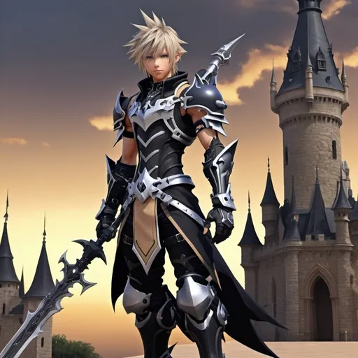 Prompt: 



Full body portrait ,Riku from Kingdom Hearts Ps2, wearing Dragoon artifact knight armor from FFXIV, sleeveless, sleek black dragoon artifact helmet from FFXIV, Wielding Soul Eater Weapon, tan body, castle background, ethereal, dark black mech tactical suit, jewelry set, stunning, royal vibe, highly detailed, digital painting, helmet, HD quality, tan skin,