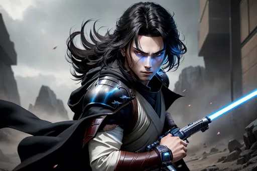 Prompt:  Anime male with dark hair, wearing Jedi Robes, gripping a single-bladed lightsaber weapon from Star Wars in one hand, HD, detailed facial features, intense battle scene, sci-fi fantasy, dynamic action pose, detailed armor design, professional rendering, immersive atmosphere, intense gaze, battlefield environment, dynamic composition, vibrant colors, advanced technology, detailed hair design, atmospheric lighting, Full-body Portrait,