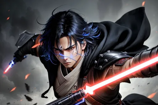 Prompt:  Anime male wearing Jedi Robes, brandishing a single-bladed lightsaber weapon from Star Wars ,in one hand, HD, detailed facial features, intense battle scene, sci-fi fantasy, dynamic action pose, detailed armor design, professional rendering, immersive atmosphere, intense gaze, battlefield environment, dynamic composition, vibrant colors, advanced technology, detailed hair design, atmospheric lighting, Full-body Portrait,