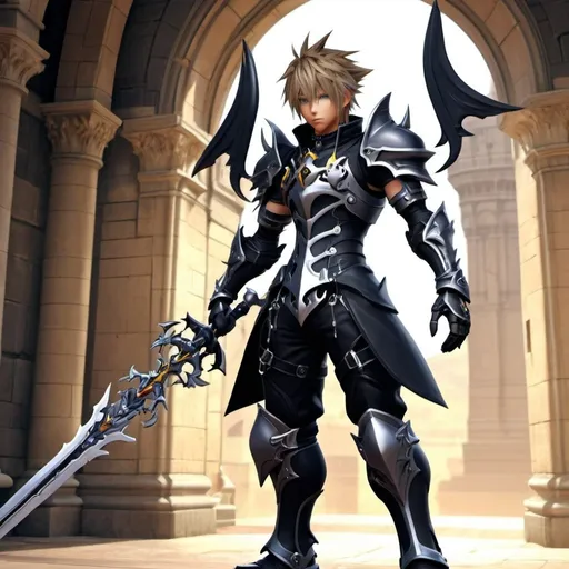 Prompt: 



Full body portrait ,Riku from Kingdom Hearts Ps2, wearing Dragoon artifact knight armor from FFXIV, sleeveless, sleek black dragoon artifact helmet from FFXIV, Wielding Soul Eater Weapon, tan body, castle background, ethereal, dark black mech tactical suit, jewelry set, stunning, royal vibe, highly detailed, digital painting, helmet, HD quality, tan skin,