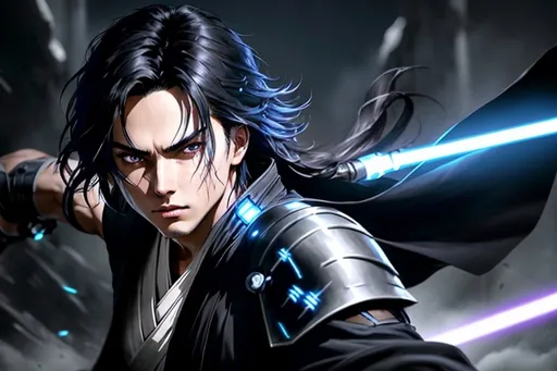 Prompt:  Anime male, dark hair, Jedi Robes, wielding one lightsaber, HD, detailed facial features, intense battle scene, sci-fi fantasy, vibrant lightsaber glow, dynamic action pose, detailed armor design, epic  effects, professional rendering, immersive atmosphere, intense gaze, futuristic environment, dynamic composition, vibrant colors, advanced technology, detailed hair design, atmospheric lighting,