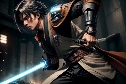 Prompt:  Anime male wearing Jedi Robes, gripping a single-bladed lightsaber weapon from Star Wars in one hand, HD, detailed facial features, intense battle scene, sci-fi fantasy, dynamic action pose, detailed armor design, professional rendering, immersive atmosphere, intense gaze, battlefield environment, dynamic composition, vibrant colors, advanced technology, detailed hair design, atmospheric lighting, Full-body Portrait,