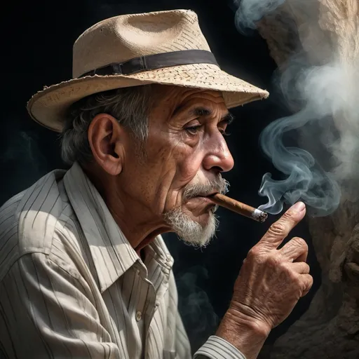 Prompt: A cuban old man in digital art smoking a cigar while contemplating an abyss which looks back at him with silence
