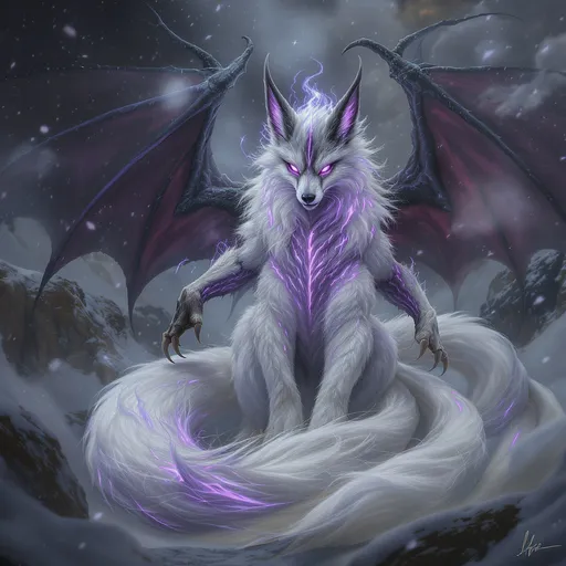 Prompt: A monster fox with a coat of fluffy snowy white fur.  Eyes bear a vertical slit instead of rounded pupils, surrounded by a brightly glowing purple iris. A pair of black dragon wings. Nine swishing, fluffy snowy white fox prehensile tails.
