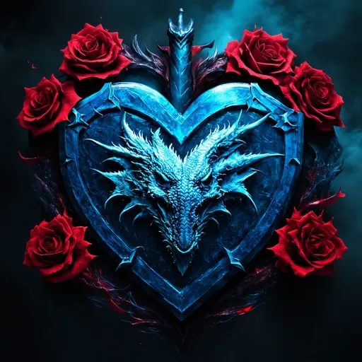 Prompt: Ice Blue dragon heart blood roses shield vampire soul  banner dark smoke