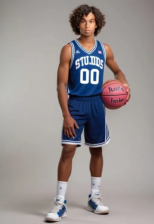 Prompt: This photograph features a young man standing against a plain, light grey background. He has medium brown skin and a slim, athletic build. His dark, curly hair is shoulder-length and slightly tousled. He is wearing a blue basketball jersey with white trim and the text "St. Jude's" and the number "00" in white, block letters on the front. The jersey has a small white logo on the left side of the chest and another white logo on the right thigh of his matching blue basketball shorts. He holds a brown Spalding basketball in his right hand, resting it on his hip. His footwear consists of light grey and pink sneakers with white laces and soles. He is also wearing white socks with a subtle pattern. The lighting is even, with no harsh shadows, giving the image a clean, studio-like appearance. The overall composition is simple, focusing entirely on the young man and his basketball attire, with no additional objects or distractions in the background. The photograph has a casual, yet professional feel, suitable for a sports-themed portrait.