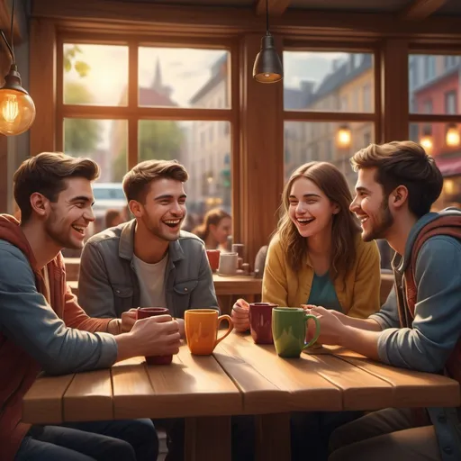 Prompt: (café scene), 8-10 (young men and women), engaging discussion, (technology) conversation, joyful laughter, cozy atmosphere, warm lighting with a hint of vibrant colors, wooden furniture, colorful mugs, outdoor view through the windows, soft background music ambiance, (highly detailed) realistic depiction, capturing candid expressions, (4K) quality image.