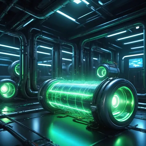Prompt: 3D futuristic battery system, endless stretching, steel hollow pipe, sparks inside, pure energy, cyberpunk, hyperrealism, 4k, futuristic, AI, robotics, abundant green nature, blue glow, energy flow, high-tech, shimmering reflections, professional lighting
