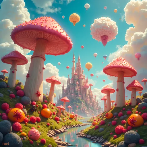 Prompt: A surreal landscape where giant, colorful mushrooms tower over a city made of candy, with floating islands in a swirling sky filled with neon-colored clouds and whimsical creatures playing musical instruments made of fruits