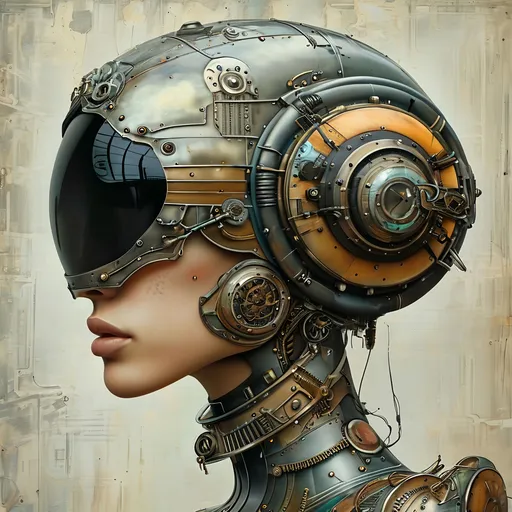 Prompt: a woman with a futuristic face and headpieces on her face and a steampunky helmet, Android Jones, assemblage, biopunk, cyberpunk art