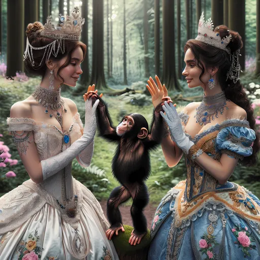 Prompt: Two human princesses and a baby chimpanzee standing middle of them